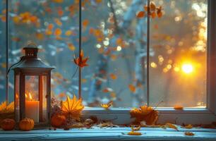 Autumn Windowsill With Lanterns and Leaves photo
