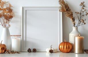 White Framed Canvas Mockup With Pumpkins and Dried Flowers on Mantel photo