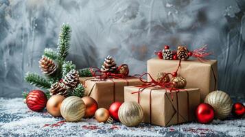 Group of Presents Wrapped in Brown Paper photo