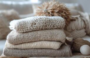 Stacked Knit Sweaters In A Cozy Living Room photo