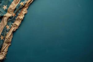 American Flag Draped on Distressed Blue Wood Background photo