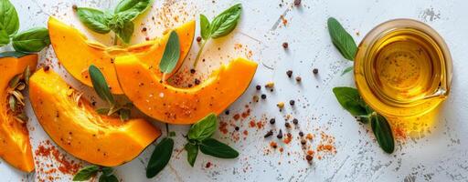 Sliced Butternut Squash With Spices and Olive Oil on a White Surface photo