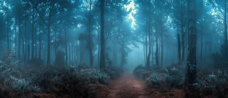 A Misty Forest Path in the Early Morning photo