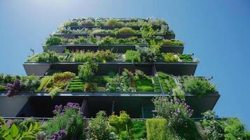 Towering Building Covered in Lush Plants photo