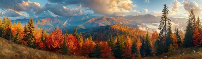 Colorful Autumn Forest Landscape With Mountain View at Sunset photo