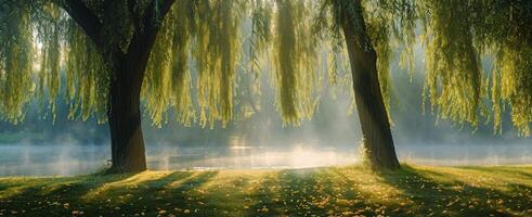 Tranquil Fall Morning by the River With Mist and Golden Trees photo