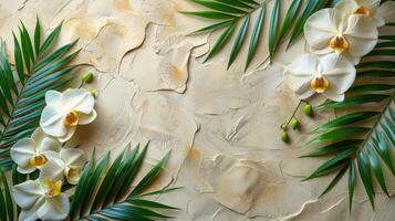 Pink Orchids and Palm Leaves on Pink Background photo
