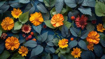 Blue Background With Pink and Yellow Flowers photo