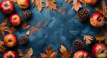 Autumn Apples and Pine Cones on Blue Background photo