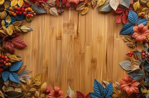 Colorful Autumn Leaves and Berries Framing a Wooden Background photo