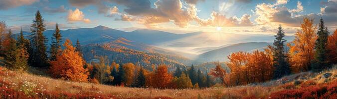 Colorful Autumn Forest Landscape With Mountain View at Sunset photo