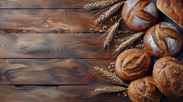 Assorted Bread Varieties on Wooden Table photo