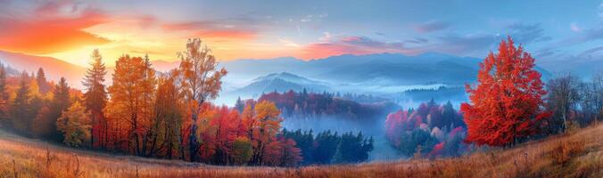 Autumn Foliage and Mist in the Mountain Valley at Sunrise photo