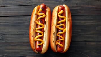 Three Hot Dogs With Mustard and Ketchup on Cutting Board photo