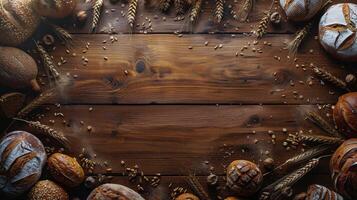 Assorted Bread Varieties on Wooden Table photo