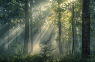 Sunbeams Through Dense Forest Fog On a Misty Morning photo