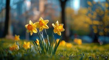 Yellow Daffodils Blooming in a Green Grassy Field During a Sunny Spring Day photo