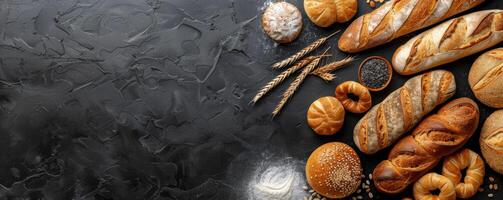 Freshly Baked Bread and Pastries Arranged on a Black Background photo