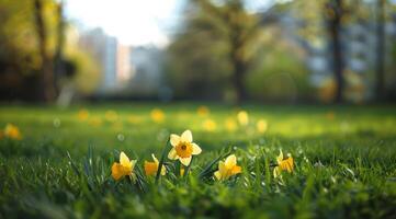 Yellow Daffodils Blooming in a Green Grassy Field During a Sunny Spring Day photo