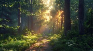 Sunlit Forest Path at Golden Hour photo