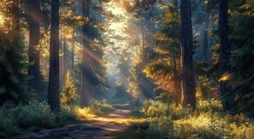 Sunlight Filtering Through Tall Trees in a Forest Path photo