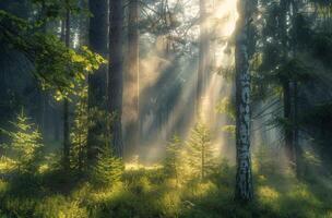 Sunbeams Through Dense Forest Fog On a Misty Morning photo