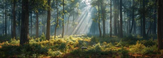 Sunbeams Illuminating a Foggy Forest Path photo