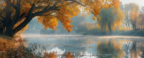 A Weeping Willow Tree Overlooking A Misty Autumn Lake photo
