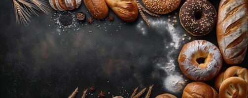 Freshly Baked Bread and Pastries Arranged on a Black Background photo