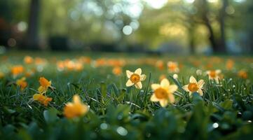 Yellow Daffodils Blooming in a Green Grassy Field During a Sunny Spring Day photo