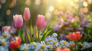 Pink Tulips in a Sunny Garden photo