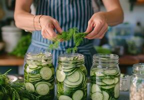 Woman Adds Dill to Jars of Pickled Cucumber Slices photo