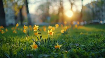 Yellow Daffodils Blooming in a Green Grassy Field During a Sunny Spring Day photo