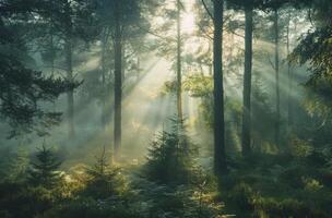 Sunbeams Through Dense Forest Fog On a Misty Morning photo