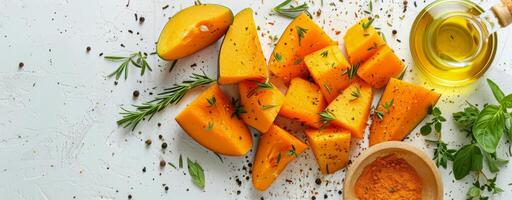 Sliced Butternut Squash With Spices and Olive Oil on a White Surface photo