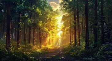 Sunlit Forest Path at Golden Hour photo