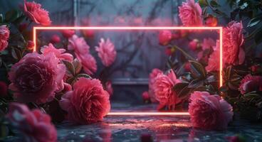 Pink Roses and a Neon Light Frame in a Moody Setting photo