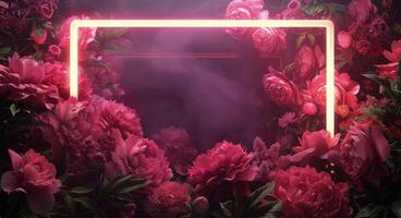 Pink Roses and a Neon Light Frame in a Moody Setting photo