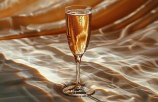 Champagne Glass on a Reflective Surface With Golden Light photo