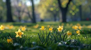 Daffodils Blooming in a Sunny Park Meadow photo