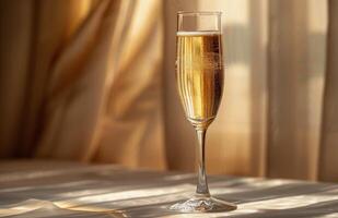 Champagne Glass on a Reflective Surface With Golden Light photo