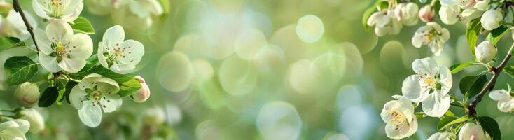 White Apple Blossoms and Pink Buds on a Green Background photo