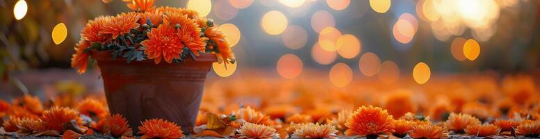 Orange Chrysanthemum Flowers in a Terracotta Pot on a Sunny Day photo
