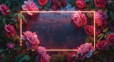 Pink Roses and a Neon Light Frame in a Moody Setting photo