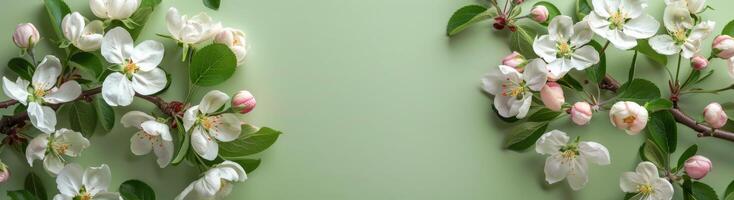 White Apple Blossoms and Pink Buds on a Green Background photo