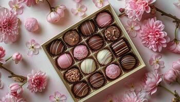 Assorted Chocolate Truffles Box With Pink Flowers on a Pink Background photo