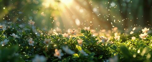 White Wildflowers Blooming in a Sunlit Forest Clearing photo
