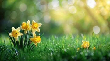 Yellow Daffodils Blooming in a Lush Spring Garden photo