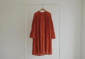 Rust Colored Sheer Blouse With Bell Sleeves Hanging on a White Hanger photo