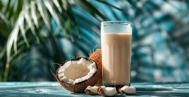 Fresh Coconut Milk Drink With Coconut Half on Blue Background photo